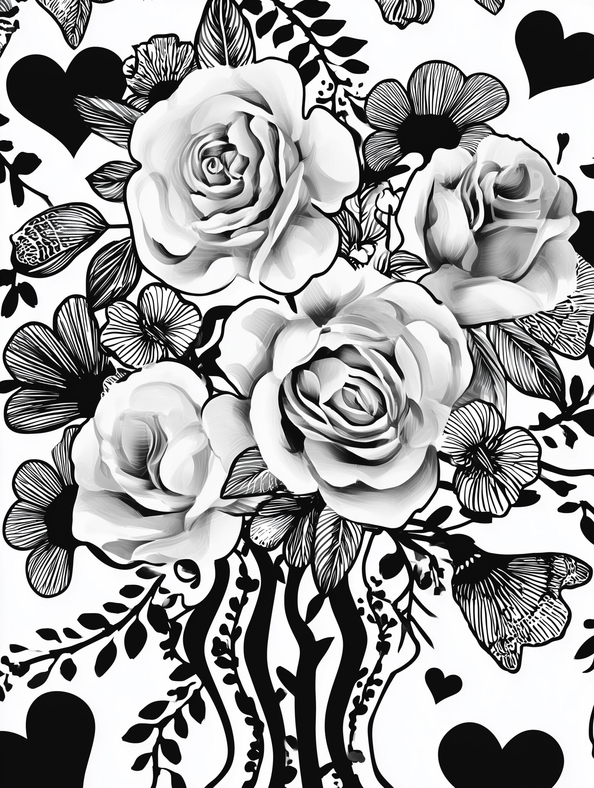 Free printable rose coloring page for adults featuring a gorgeous bouquet of roses